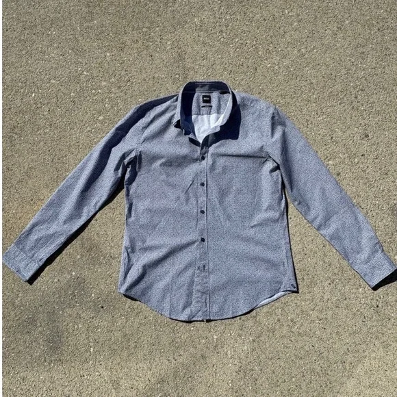 Hugo Boss Blue Micro Print Long Sleeve Button Down Shirt Slim Fit sz XL Travel - Picture 1 of 8